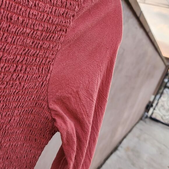 Loveriche shirred bodice ruffle midi dress rust/ brick red colored - Picture 3 of 10